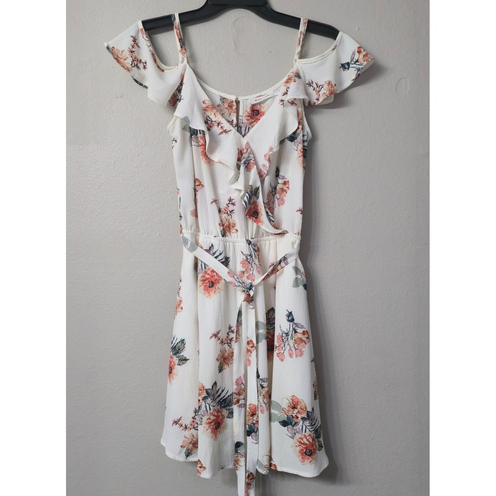 Mind Code Floral Cold Shoulder Ruffle Mini Dress White Orange Pink Small